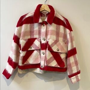 Blank NYC Women's cropped shacket jacket XS Pink Red white plaid NWT